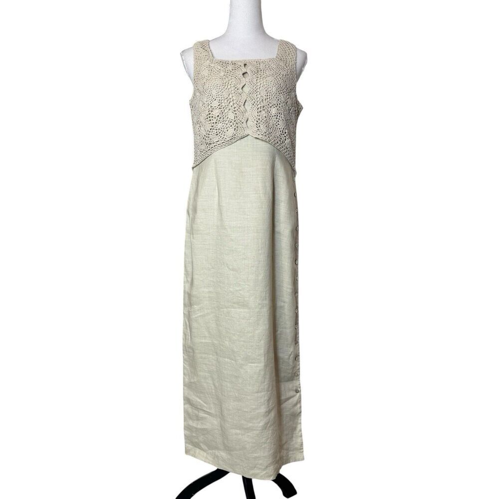 Vintage Y2K 100% Linen Maxi Dress Size 8 Crochet Button Up Fairy Coastal Boho
